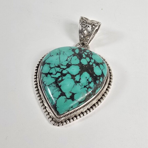 Sterling Silver Large Turquoise Pendant Heavy 42g Teardrop Beautiful - Picture 2 of 9